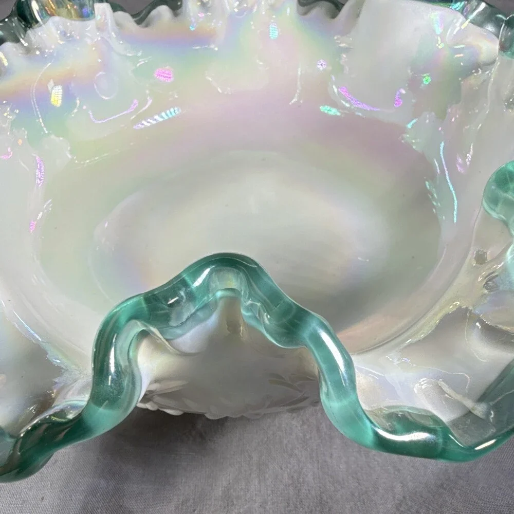 Fenton Teal Crest Spanish Lace Iridized Milk Glass Basket 1990s C3538 TC MINT